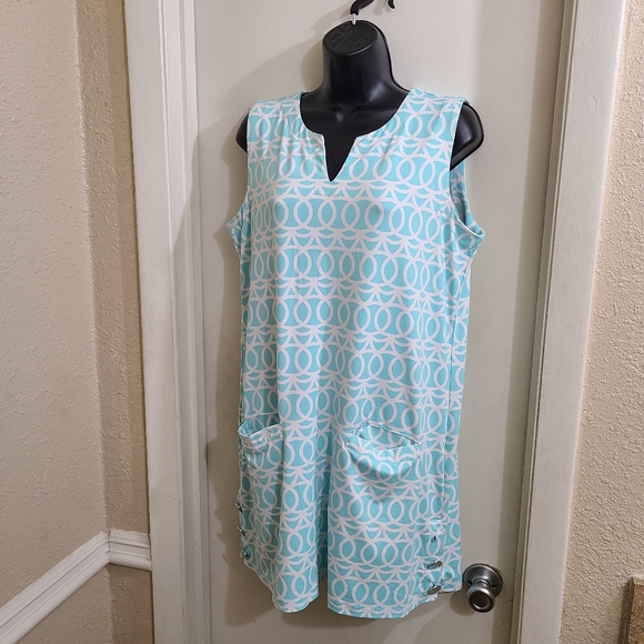 Lulu-B Sleeveless Mini Dress M Turquoise White Stretch Pockets Buttons - Picture 6 of 10